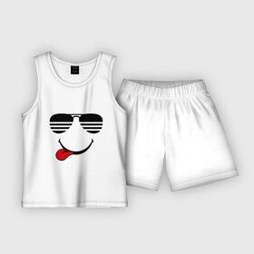 Детская пижама с шортами хлопок с принтом Мы на позитиве (язык слева) в Курске,  |  | Тематика изображения на принте: smile | очки | парные | позитив | смайл