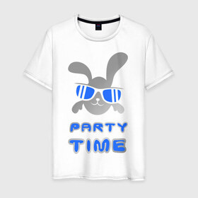 Мужская футболка хлопок с принтом It\`s party time в Курске, 100% хлопок | прямой крой, круглый вырез горловины, длина до линии бедер, слегка спущенное плечо. | Тематика изображения на принте: вечеринка | зайчик | заяц | клубные | очки | тусовка