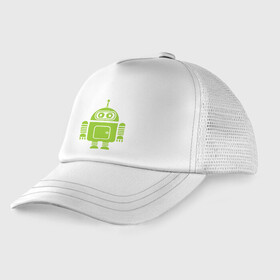 Детская кепка тракер с принтом Android-bender в Курске, Козырек - 100% хлопок. Кепка - 100% полиэстер, Задняя часть - сетка | универсальный размер, пластиковая застёжка | админам | андроид | бендер | мультик | мультфильм | ос | робот | футурама