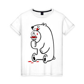 Женская футболка хлопок с принтом Белый медведь ест эскимоса в Курске, 100% хлопок | прямой крой, круглый вырез горловины, длина до линии бедер, слегка спущенное плечо | белый медведь | белый медведь ест эскимоса | медведь | эскимос мороженное