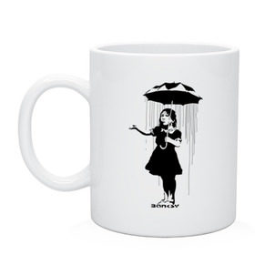 Кружка с принтом Girl in rain (Banksy) в Курске, керамика | объем — 330 мл, диаметр — 80 мм. Принт наносится на бока кружки, можно сделать два разных изображения | бэнкси | граффити | девочка | дождь | зонт