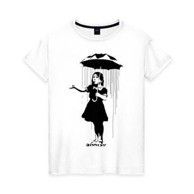 Женская футболка хлопок с принтом Girl in rain (Banksy) в Курске, 100% хлопок | прямой крой, круглый вырез горловины, длина до линии бедер, слегка спущенное плечо | бэнкси | граффити | девочка | дождь | зонт