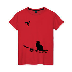 Женская футболка хлопок с принтом Cat and supermouse (Banksy) в Курске, 100% хлопок | прямой крой, круглый вырез горловины, длина до линии бедер, слегка спущенное плечо | бэнкси | граффити | киса | кот | котенок | котэ | кошка | мышка | супермышка