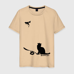 Мужская футболка хлопок с принтом Cat and supermouse (Banksy) в Курске, 100% хлопок | прямой крой, круглый вырез горловины, длина до линии бедер, слегка спущенное плечо. | бэнкси | граффити | киса | кот | котенок | котэ | кошка | мышка | супермышка