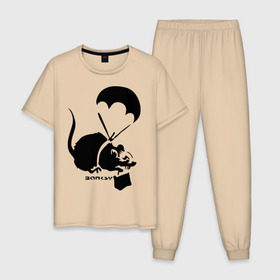 Мужская пижама хлопок с принтом Parachute rat (Banksy) в Курске, 100% хлопок | брюки и футболка прямого кроя, без карманов, на брюках мягкая резинка на поясе и по низу штанин
 | бэнкси | граффити | грызун | мышь | парашют
