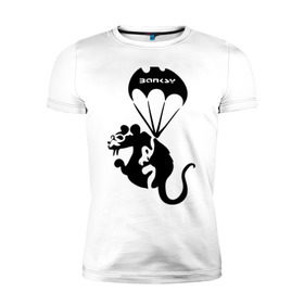 Мужская футболка премиум с принтом Rat with parachute (Banksy) в Курске, 92% хлопок, 8% лайкра | приталенный силуэт, круглый вырез ворота, длина до линии бедра, короткий рукав | бэнкси | граффити | грызун | животные | хомяк с парашютом