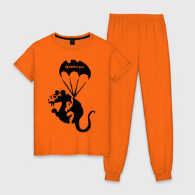 Женская пижама хлопок с принтом Rat with parachute (Banksy) в Курске, 100% хлопок | брюки и футболка прямого кроя, без карманов, на брюках мягкая резинка на поясе и по низу штанин | бэнкси | граффити | грызун | животные | хомяк с парашютом