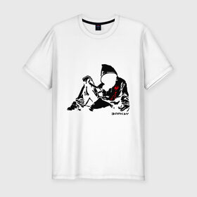 Мужская футболка премиум с принтом Раненый парень (Banksy) в Курске, 92% хлопок, 8% лайкра | приталенный силуэт, круглый вырез ворота, длина до линии бедра, короткий рукав | бэнкси | граффити | кровь | парень | рана | силуэт