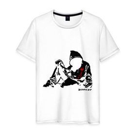 Мужская футболка хлопок с принтом Раненый парень (Banksy) в Курске, 100% хлопок | прямой крой, круглый вырез горловины, длина до линии бедер, слегка спущенное плечо. | бэнкси | граффити | кровь | парень | рана | силуэт