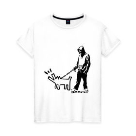 Женская футболка хлопок с принтом Парень с собакой (Banksy) в Курске, 100% хлопок | прямой крой, круглый вырез горловины, длина до линии бедер, слегка спущенное плечо | dog | бэнкси | граффити | собака