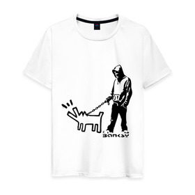 Мужская футболка хлопок с принтом Парень с собакой (Banksy) в Курске, 100% хлопок | прямой крой, круглый вырез горловины, длина до линии бедер, слегка спущенное плечо. | Тематика изображения на принте: dog | бэнкси | граффити | собака