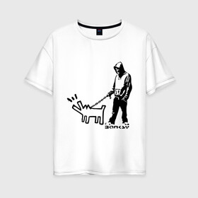 Женская футболка хлопок Oversize с принтом Парень с собакой (Banksy) в Курске, 100% хлопок | свободный крой, круглый ворот, спущенный рукав, длина до линии бедер
 | dog | бэнкси | граффити | собака