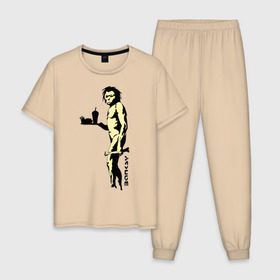 Мужская пижама хлопок с принтом Древний человек Бэнкси в Курске, 100% хлопок | брюки и футболка прямого кроя, без карманов, на брюках мягкая резинка на поясе и по низу штанин
 | бэнкси | граффити | неандерталец | примат