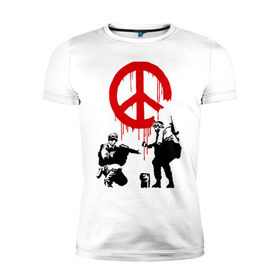 Мужская футболка премиум с принтом Peace Banksy в Курске, 92% хлопок, 8% лайкра | приталенный силуэт, круглый вырез ворота, длина до линии бедра, короткий рукав | бэнкси | граффити | люди | мир | оружие