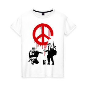 Женская футболка хлопок с принтом Peace Banksy в Курске, 100% хлопок | прямой крой, круглый вырез горловины, длина до линии бедер, слегка спущенное плечо | Тематика изображения на принте: бэнкси | граффити | люди | мир | оружие