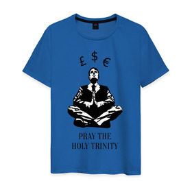 Мужская футболка хлопок с принтом Pray the holy trinity в Курске, 100% хлопок | прямой крой, круглый вырез горловины, длина до линии бедер, слегка спущенное плечо. | banksy | бэнкси | граффтити | деньги | доллар | евро | фунт
