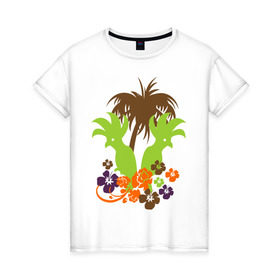 Женская футболка хлопок с принтом Попугаи в Курске, 100% хлопок | прямой крой, круглый вырез горловины, длина до линии бедер, слегка спущенное плечо | деревья | лето | пальмы | птицы | цветы