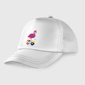 Детская кепка тракер с принтом Фламинго в Курске, Козырек - 100% хлопок. Кепка - 100% полиэстер, Задняя часть - сетка | универсальный размер, пластиковая застёжка | летние | лето | птица | цветочки | цветы