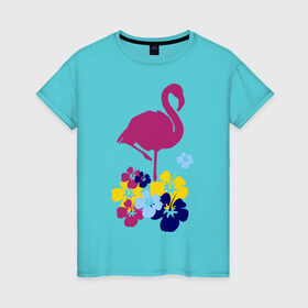 Женская футболка хлопок с принтом Фламинго в Курске, 100% хлопок | прямой крой, круглый вырез горловины, длина до линии бедер, слегка спущенное плечо | летние | лето | птица | цветочки | цветы