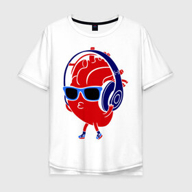 Мужская футболка хлопок Oversize с принтом Сердце в наушниках в Курске, 100% хлопок | свободный крой, круглый ворот, “спинка” длиннее передней части | в очках | музыка | плеер | слушать музыку