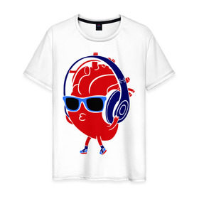 Мужская футболка хлопок с принтом Сердце в наушниках в Курске, 100% хлопок | прямой крой, круглый вырез горловины, длина до линии бедер, слегка спущенное плечо. | в очках | музыка | плеер | слушать музыку