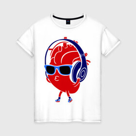 Женская футболка хлопок с принтом Сердце в наушниках в Курске, 100% хлопок | прямой крой, круглый вырез горловины, длина до линии бедер, слегка спущенное плечо | в очках | музыка | плеер | слушать музыку