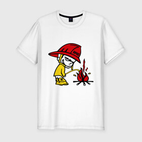 Мужская футболка премиум с принтом Пожарник в Курске, 92% хлопок, 8% лайкра | приталенный силуэт, круглый вырез ворота, длина до линии бедра, короткий рукав | каска | мальчик | мчс | огонь | писает | пожар | профессии | спасение | тушить