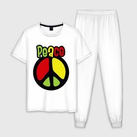 Мужская пижама хлопок с принтом Peace red, yellow, green в Курске, 100% хлопок | брюки и футболка прямого кроя, без карманов, на брюках мягкая резинка на поясе и по низу штанин
 | reggae | мир | регги