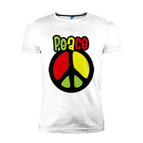 Мужская футболка премиум с принтом Peace red, yellow, green в Курске, 92% хлопок, 8% лайкра | приталенный силуэт, круглый вырез ворота, длина до линии бедра, короткий рукав | reggae | мир | регги