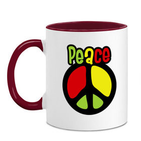 Кружка двухцветная с принтом Peace red, yellow, green в Курске, керамика | объем — 330 мл, диаметр — 80 мм. Цветная ручка и кайма сверху, в некоторых цветах — вся внутренняя часть | Тематика изображения на принте: reggae | мир | регги