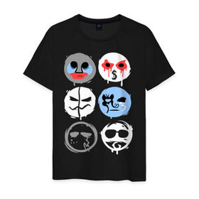 Мужская футболка хлопок с принтом HU Mask в Курске, 100% хлопок | прямой крой, круглый вырез горловины, длина до линии бедер, слегка спущенное плечо. | hollywood undead | hu | hu mask one color | undead | злые маски | маски | рок реп группа hollywood undead