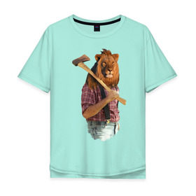 Мужская футболка хлопок Oversize с принтом Lion lumberjack в Курске, 100% хлопок | свободный крой, круглый ворот, “спинка” длиннее передней части | голова животного | лев в рубашке | лев с телом человека | лев с топором | тело человека | человек с головой льва