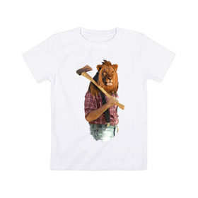 Детская футболка хлопок с принтом Lion lumberjack в Курске, 100% хлопок | круглый вырез горловины, полуприлегающий силуэт, длина до линии бедер | голова животного | лев в рубашке | лев с телом человека | лев с топором | тело человека | человек с головой льва