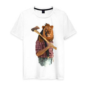 Мужская футболка хлопок с принтом Lion lumberjack в Курске, 100% хлопок | прямой крой, круглый вырез горловины, длина до линии бедер, слегка спущенное плечо. | голова животного | лев в рубашке | лев с телом человека | лев с топором | тело человека | человек с головой льва