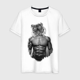 Мужская футболка хлопок с принтом Tiger power в Курске, 100% хлопок | прямой крой, круглый вырез горловины, длина до линии бедер, слегка спущенное плечо. | Тематика изображения на принте: голова животного | тело человека | тигр с телом человека | человек с головой тигра