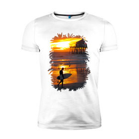 Мужская футболка премиум с принтом Summer surfing в Курске, 92% хлопок, 8% лайкра | приталенный силуэт, круглый вырез ворота, длина до линии бедра, короткий рукав | летние | лето | море | на лето | океан | пляж | серфинг
