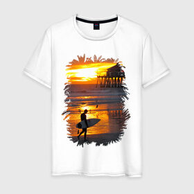 Мужская футболка хлопок с принтом Summer surfing в Курске, 100% хлопок | прямой крой, круглый вырез горловины, длина до линии бедер, слегка спущенное плечо. | летние | лето | море | на лето | океан | пляж | серфинг