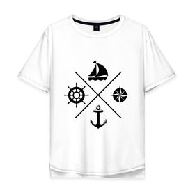 Мужская футболка хлопок Oversize с принтом Sailor theme в Курске, 100% хлопок | свободный крой, круглый ворот, “спинка” длиннее передней части | sailor theme | азимут | компас | кораблик | корабль | лодка | путешествие | штурвал | якорь
