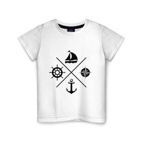 Детская футболка хлопок с принтом Sailor theme в Курске, 100% хлопок | круглый вырез горловины, полуприлегающий силуэт, длина до линии бедер | sailor theme | азимут | компас | кораблик | корабль | лодка | путешествие | штурвал | якорь