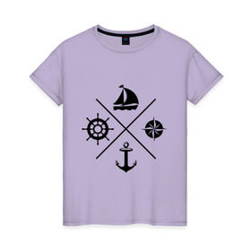 Женская футболка хлопок с принтом Sailor theme в Курске, 100% хлопок | прямой крой, круглый вырез горловины, длина до линии бедер, слегка спущенное плечо | sailor theme | азимут | компас | кораблик | корабль | лодка | путешествие | штурвал | якорь