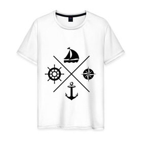 Мужская футболка хлопок с принтом Sailor theme в Курске, 100% хлопок | прямой крой, круглый вырез горловины, длина до линии бедер, слегка спущенное плечо. | sailor theme | азимут | компас | кораблик | корабль | лодка | путешествие | штурвал | якорь
