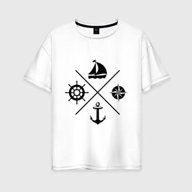 Женская футболка хлопок Oversize с принтом Sailor theme в Курске, 100% хлопок | свободный крой, круглый ворот, спущенный рукав, длина до линии бедер
 | sailor theme | азимут | компас | кораблик | корабль | лодка | путешествие | штурвал | якорь