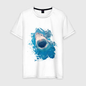 Мужская футболка хлопок с принтом Акула watercolor в Курске, 100% хлопок | прямой крой, круглый вырез горловины, длина до линии бедер, слегка спущенное плечо. | 
