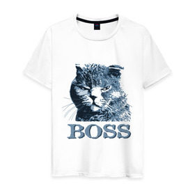 Мужская футболка хлопок с принтом BOSS в Курске, 100% хлопок | прямой крой, круглый вырез горловины, длина до линии бедер, слегка спущенное плечо. | boss | босс | главный кот | кот boss | кот босс | котэ boss | котяра