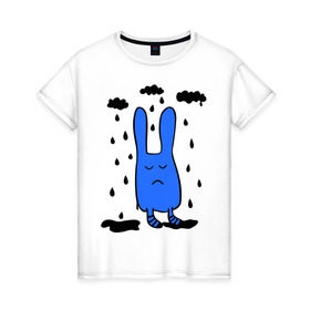 Женская футболка хлопок с принтом Грустный заяц в Курске, 100% хлопок | прямой крой, круглый вырез горловины, длина до линии бедер, слегка спущенное плечо | грустный заяц | дождь | животные | зайчик | заяц | облака