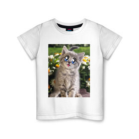 Детская футболка хлопок с принтом Котеночек в ромашках в Курске, 100% хлопок | круглый вырез горловины, полуприлегающий силуэт, длина до линии бедер | домашние животные | котенок | котик | кошки