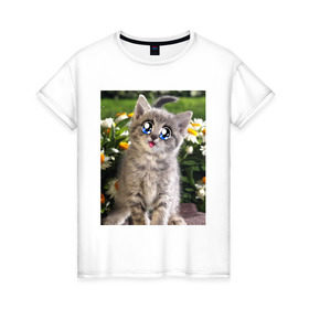 Женская футболка хлопок с принтом Котеночек в ромашках в Курске, 100% хлопок | прямой крой, круглый вырез горловины, длина до линии бедер, слегка спущенное плечо | домашние животные | котенок | котик | кошки
