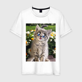 Мужская футболка хлопок с принтом Котеночек в ромашках в Курске, 100% хлопок | прямой крой, круглый вырез горловины, длина до линии бедер, слегка спущенное плечо. | домашние животные | котенок | котик | кошки