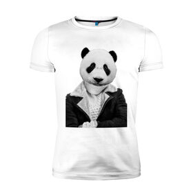 Мужская футболка премиум с принтом Панда в свитере в Курске, 92% хлопок, 8% лайкра | приталенный силуэт, круглый вырез ворота, длина до линии бедра, короткий рукав | panda | животное с телом человека | животные | панда в куртке | тело человека голова животного | человек с головой животного