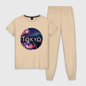 Женская пижама хлопок с принтом Tokyo - круг в Курске, 100% хлопок | брюки и футболка прямого кроя, без карманов, на брюках мягкая резинка на поясе и по низу штанин | tokyo | urban | город | города | мировые столицы | токио | урбан | япония